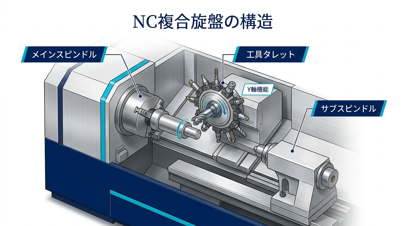 NC複合旋盤の構造 メインスピンドル サブスピンドル 工具タレット Y軸 ヨシダセイコー