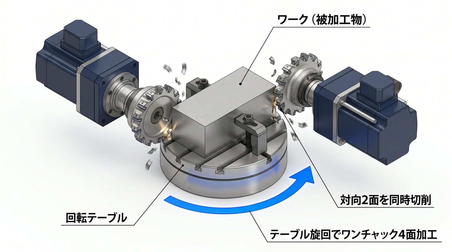 両頭フライス盤の回転テーブルによるワンチャック4面加工のイメージ図