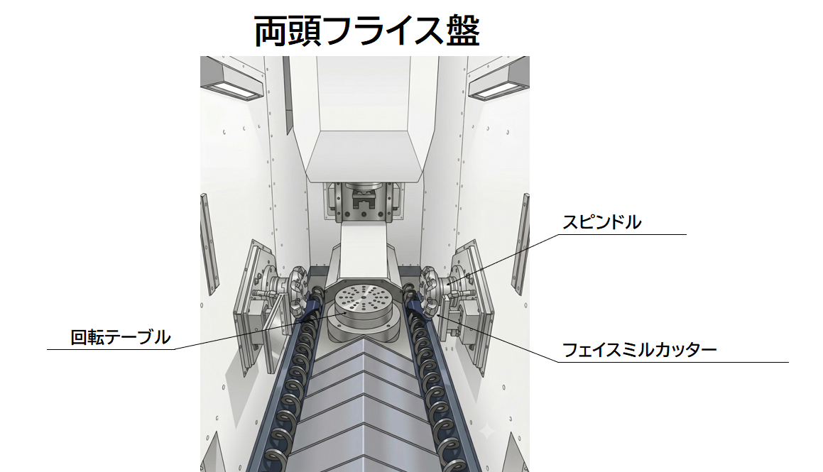 両頭フライス盤の構造説明図 左右対向スピンドルとフェイスミルカッター ヨシダセイコー