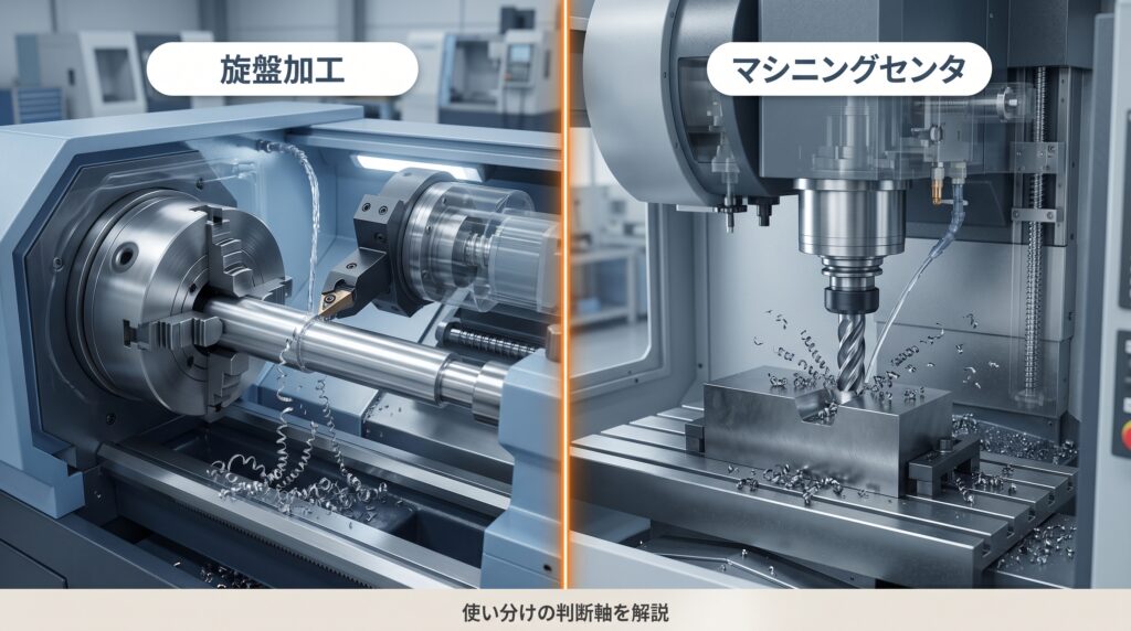 旋盤加工とマシニングセンタの動作原理を対比した比較イラスト(左:CNC旋盤の旋削/右:MCの正面フライス)