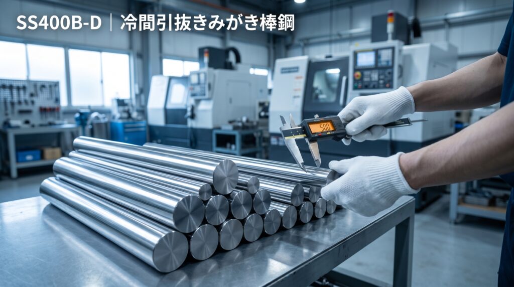 SS400B-D(冷間引抜きみがき棒鋼)の素材を精密加工現場でデジタルノギスで測定するイメージ