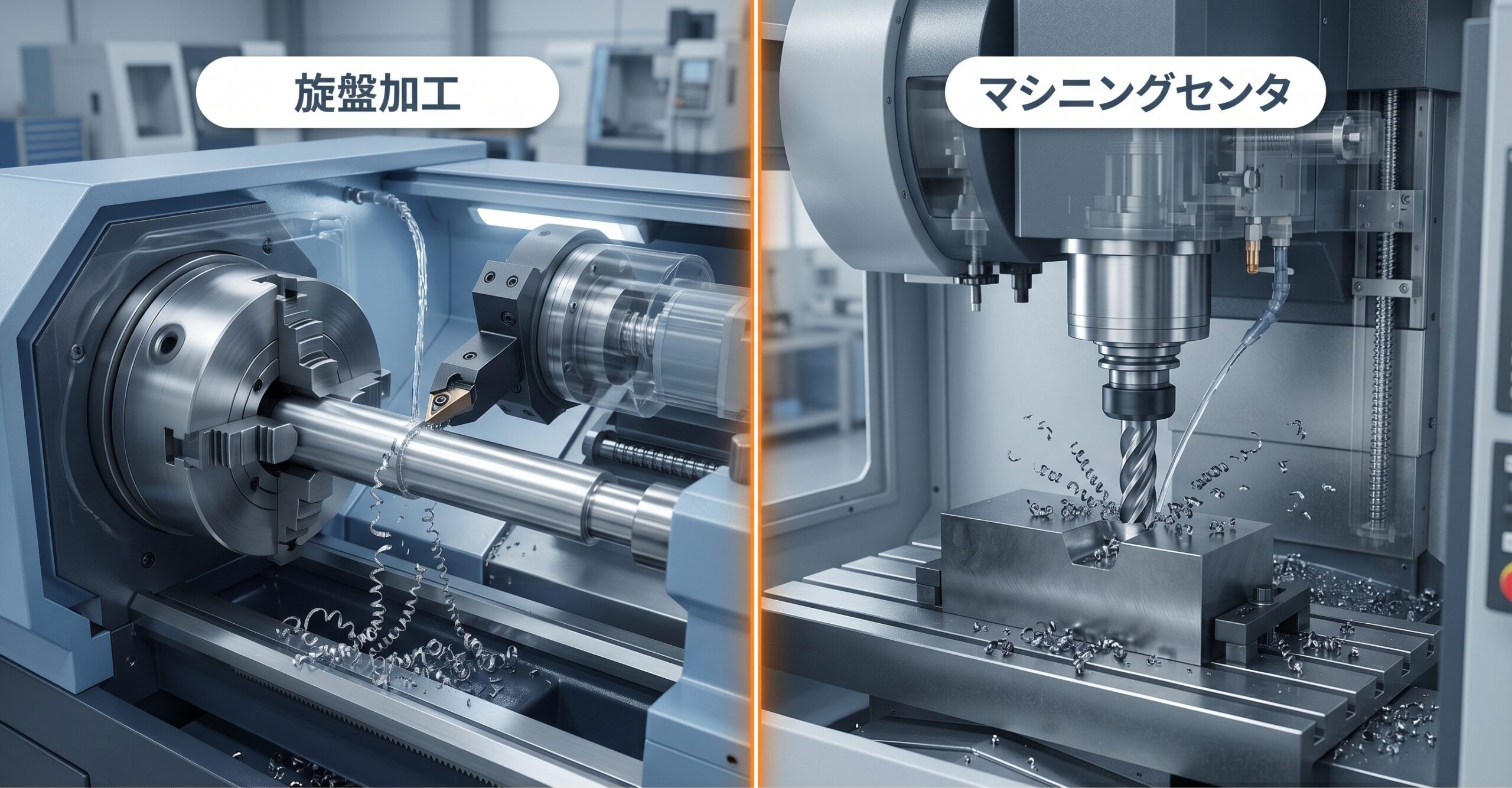 旋盤加工とマシニングセンタの動作原理を対比した比較イラスト（左：CNC旋盤の旋削／右：MCの正面フライス）